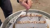 冰淇淋蛋糕冻得太硬，男子用菜刀配小刀硬敲开