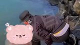 小伙在海边看到大海蜇，想都没想，直接给人脑壳打开了