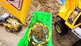 挖掘机卡车运送沙子修建积木桥