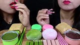 美女试吃羊羹、（抹茶、覆盆子）威化、马卡龙等