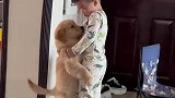 人类幼崽和金毛幼崽抱抱，这画面也太可爱了