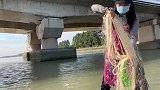 农村美女河里撒网，遇到涨水，发现桥墩有动静，一网下去中鱼
