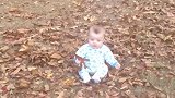 坐在叶堆里，突然起风了，萌娃拿着叶子摔倒了！