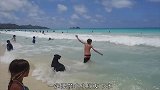小女孩被海浪拍倒，狗狗奋力把女孩往岸上拽，这狗没白养