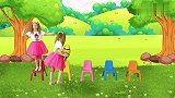 亲子：小萝莉拿着卡通气球在板凳上唱歌学颜色