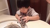 两岁的小宝宝自己主动要求洗衣服，这动作看起来很娴熟，太厉害了