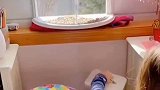 国外小女孩在房间窗台为鸟儿准备投食器