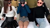 和姐妹一起穿打底衫，拍照搞怪蹦迪