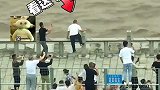 大浪来袭男子爬上栏杆拍照，真让人捏把汗