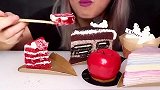 美女试吃胖马卡龙、红丝绒蛋糕、奥利奥芝士蛋糕、日式芝士蛋糕