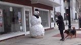 外国街头恐怖雪人吓狗，这反应太真实了！