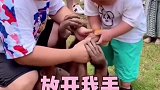 爸爸把最后一个果冻给了猩猩，萌娃：放开我手！我就一个！萌娃 搞笑