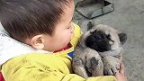 孩子抱着狗狗，这一刻他好开心喔