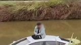男子开车时捡手机冲进河塘，从天窗逃出坐在车顶等待救援