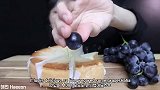 美女试吃经典乳酪蛋糕、新鲜葡萄、牛奶