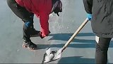 大安南湖滑冰场，偶遇工人在修冰缝，一般人还真干不了这活！