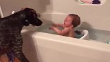 宝宝在浴缸里泡澡，狗狗过来捣乱了，真是欢喜冤家啊！