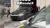 新款特斯拉Model3全国首撞，给墙撞了个大窟窿车灯都没坏