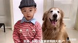妈妈不在家时，小孩照顾金毛的日常生活，金毛拥抱小孩，表示感谢