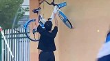 男生将共享单车，举过头顶，竟然是因为小猫咪