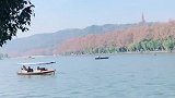 秋色西湖别样美，湖面荡漾，小船悠悠在湖面。