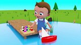 启蒙教育 3D动画小男孩独自在河边玩木质小船 趣味学习颜色