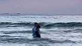 情侣海边浪里深情拥吻千人围观，拍摄者：日出没看成全看他俩了