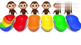 趣味动画：小猴往各种颜色的澡盆装入糖果豆教你学颜色
