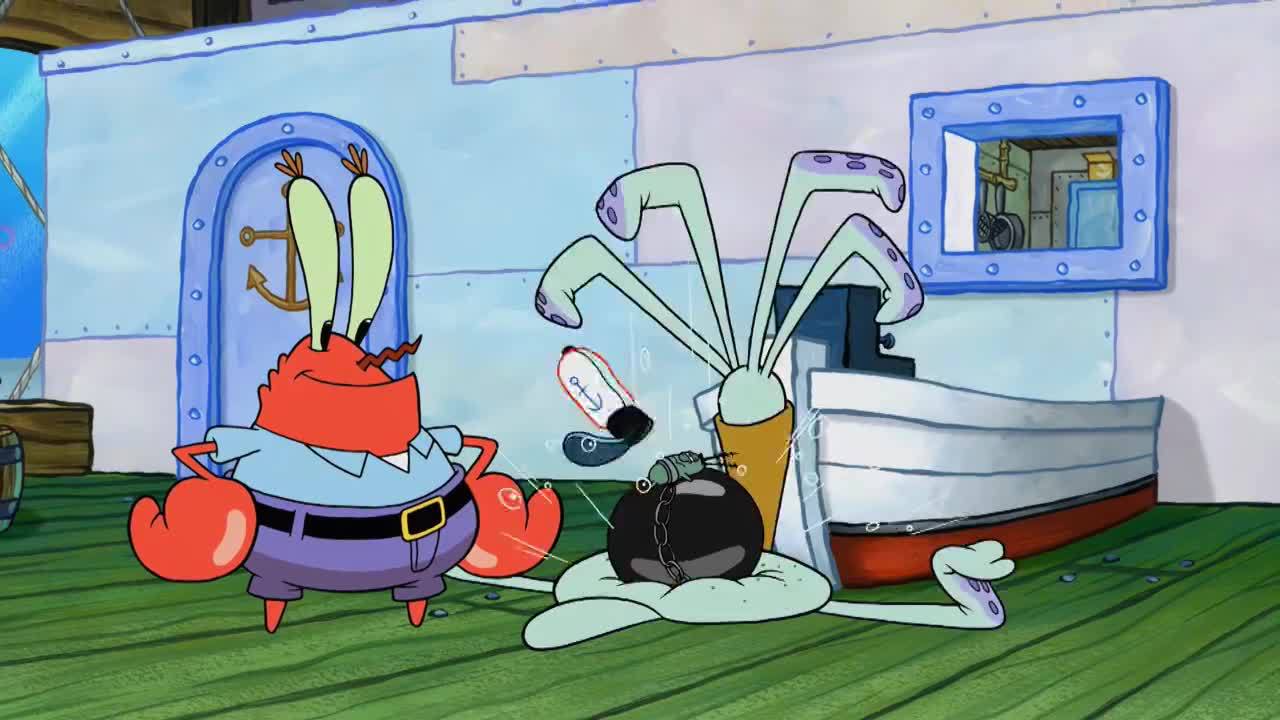 章鱼哥的头被蟹老板大铁球砸扁,想要恢复过来吹气就行