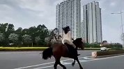 广西一女子街头策马奔腾看呆路人 警方：已约谈涉事人和马场