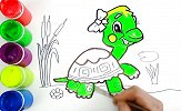 用马克笔画乌龟公主，把乌龟公主填上颜色，在池塘里快乐地玩耍