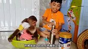 猴爸爸抱着小猴讨吃的，帮主人准备好奶粉和奶瓶，真是聪明又可爱