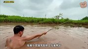 小伙水坑钓鱼遇意外，鱼竿竟被拽断，果断跳下水捕抓巨物