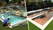 可移动伸缩的泳池盖，轻松解决落叶污染池水问题，太实用了！