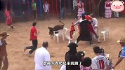 这俩人当老牛面嘚瑟，还有人坐在斗牛场里，这可把老牛给惹火了