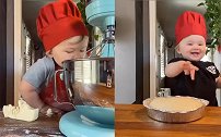 1岁萌娃化身小厨神 认真的样子像是米其林大厨 网友直呼可爱