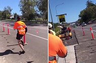 澳大利亚一群道路工人用路边测速装置比赛谁跑的最快