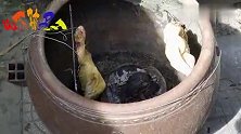 炭烤土鸡：土鸡放进瓦缸里烤熟，真是美味