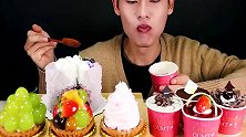 小哥哥吃一堆的各式美味蛋糕，大口吃得超满足，不腻吗