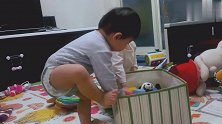 哥哥爬箱子重心不稳摔倒，一声没哭，好勇敢！
