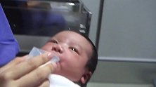 护工用杯子给新生儿喂奶，宝宝一脸懵圈乖乖配合，超级可爱