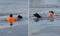 英国：一男子不顾寒冷跳入冰湖，破冰拯救落水小狗