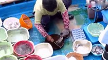 在香港西贡渔船上，阿姨宰杀了一条海鳗鱼，旁边的游客忍不住惊呼