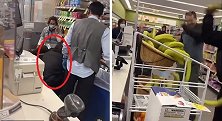 美国一名商店窃贼当着店员面偷东西 被其他顾客制止后向其扔香蕉