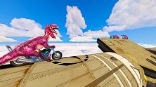 霸王龙剑龙骑摩托车玩高空跳 恐龙动漫