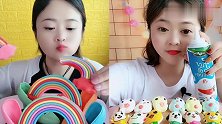 美女直们吃彩虹糖、卡通零食，一口下去超过瘾，是我向往的生活
