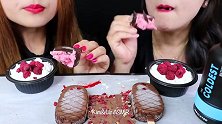 美女试吃覆盆子甜点