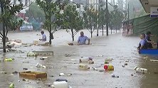湖南湘西遭遇强降雨：树木被吹倒 居民在齐腰深积水中推汽车