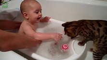 小宝宝洗泡泡浴，把小猫咪好奇坏了，跑来凑热闹，看把小萌娃乐的