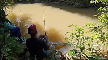 夫妻俩浑浊野溪边垂钓，不仅有鱼上钩，结果还有意外的收获！